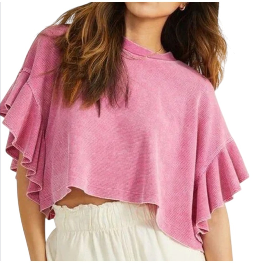ALTAR'D STATE Pink Waffle CROPPED TOP Ruffle Flutter Sleeves CREW NECK Beachy L
